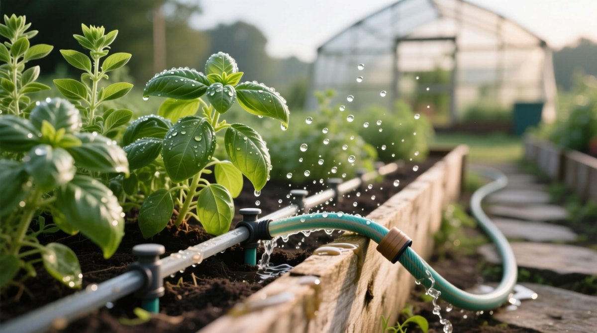 Drip irrigation tubing watering herbs in a raised wooden garden bed
