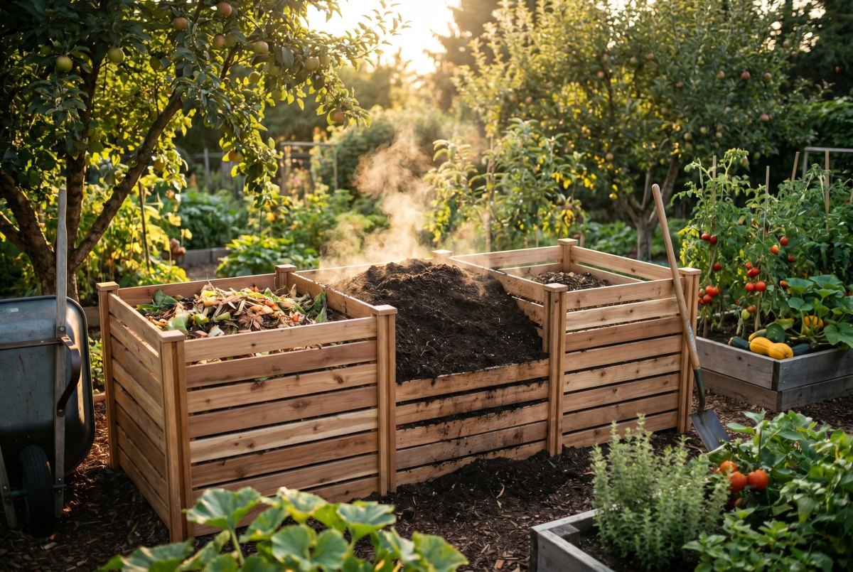 Sustainable backyard garden with compost area
