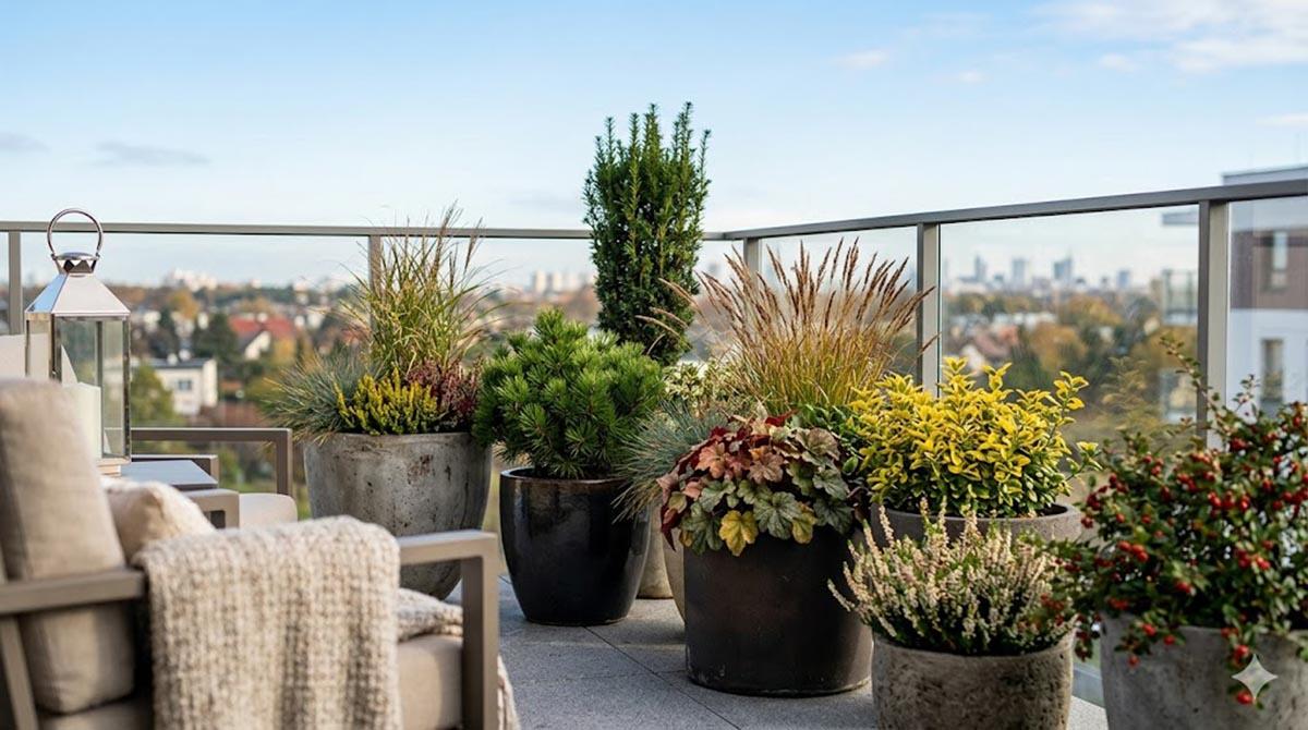Compact balcony garden with layered container plants, a comfortable chair, and a small table