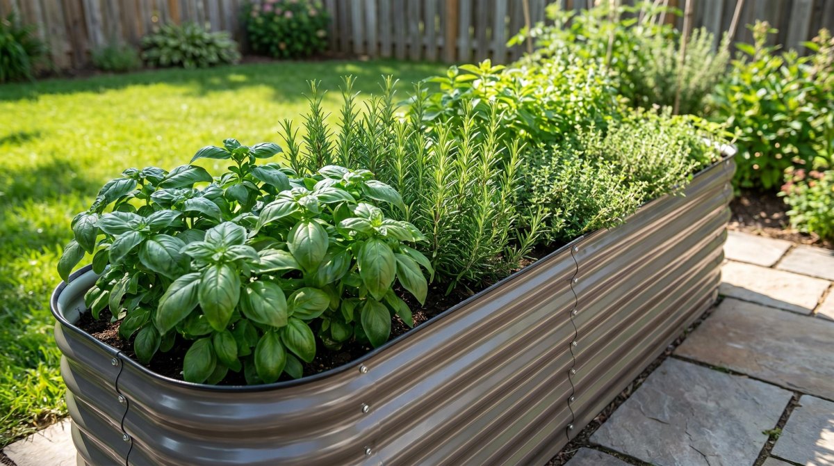 Raised herb bed arranged by sunlight needs with basil rosemary and parsley