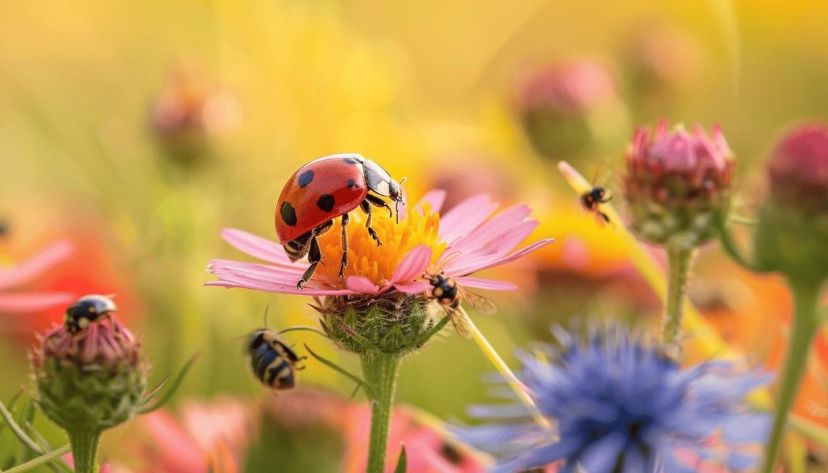 Beneficial insects visiting flowers beside garden crops