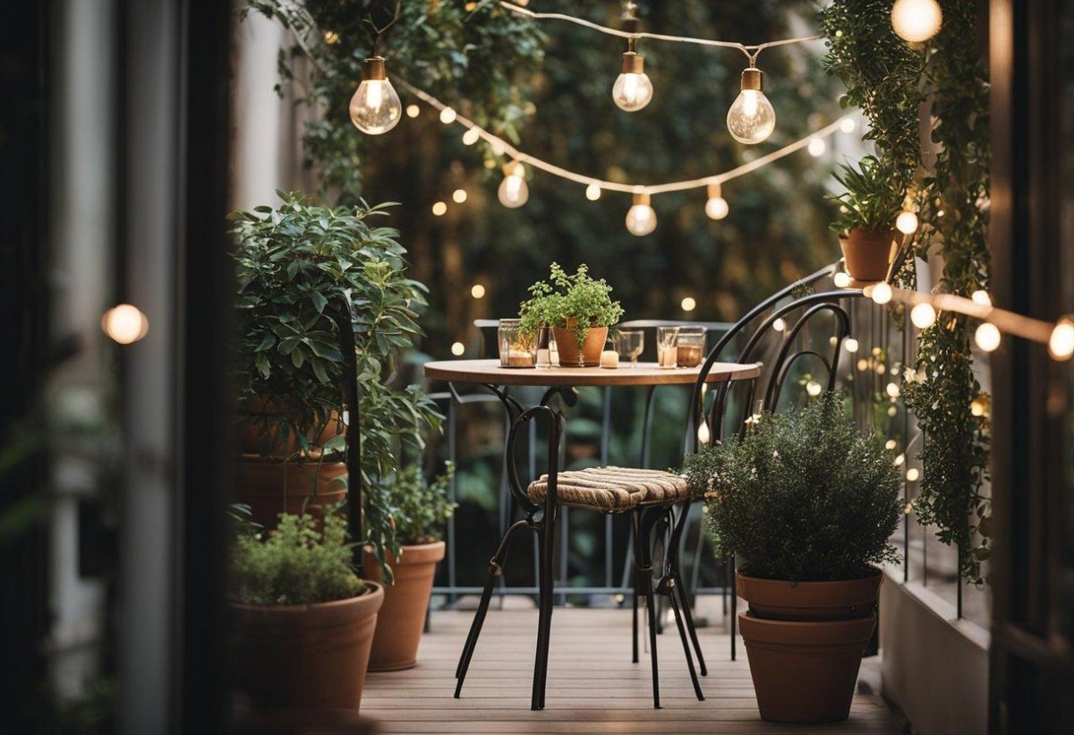 Cozy balcony garden with potted greenery, café furniture, and warm string lights