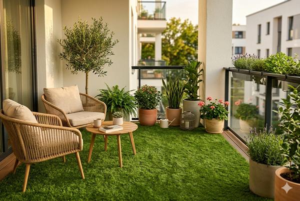 Balcony garden with artificial grass, natural-toned chairs, and decorative plant containers
