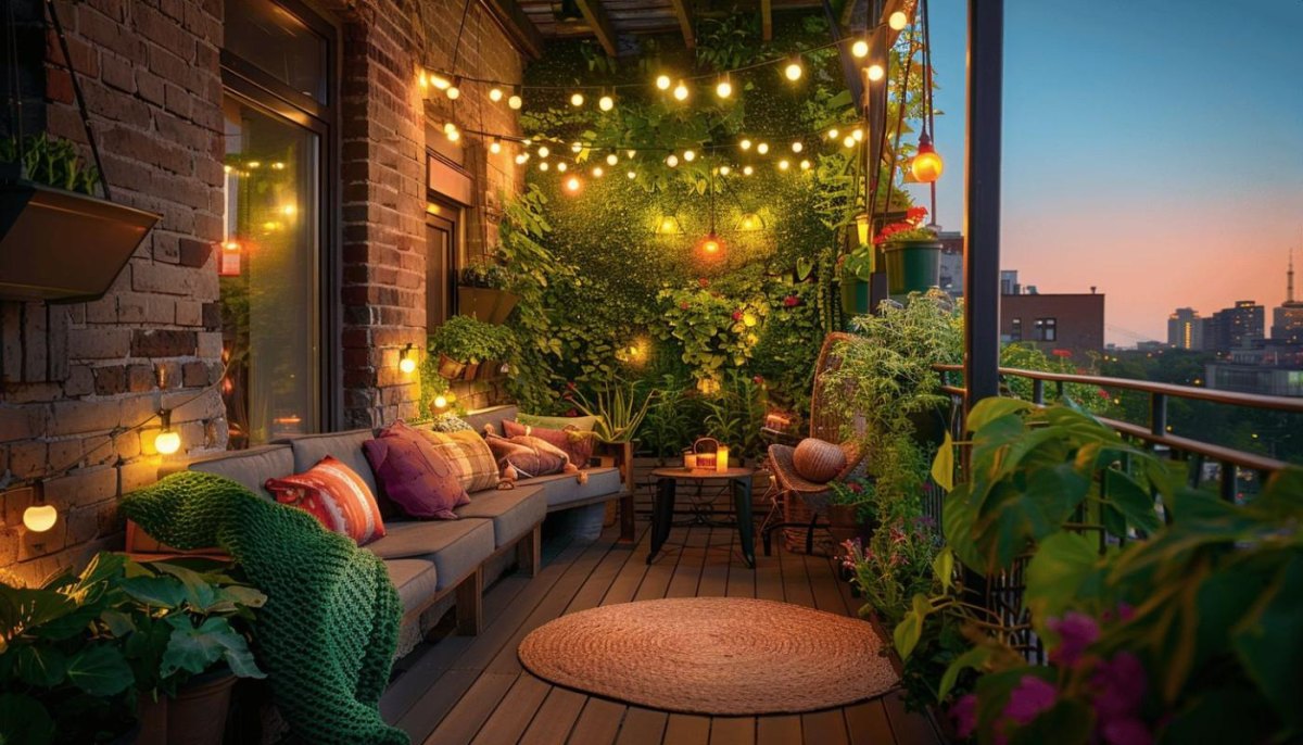 Lush evening balcony garden with climbing greenery, lounge seating, and warm festoon lights