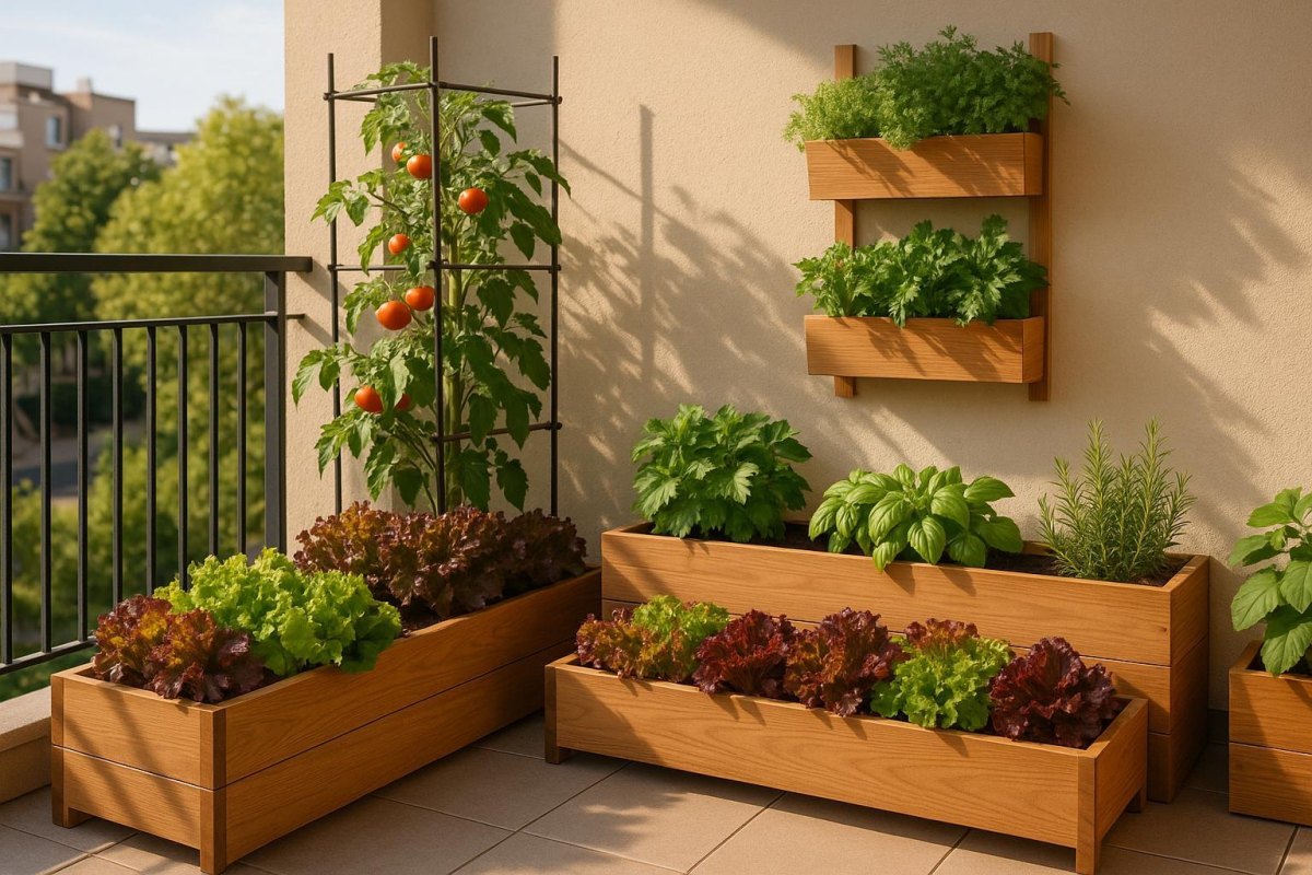 Balcony vegetable garden with raised wooden beds, lettuce, herbs, and tomato plants