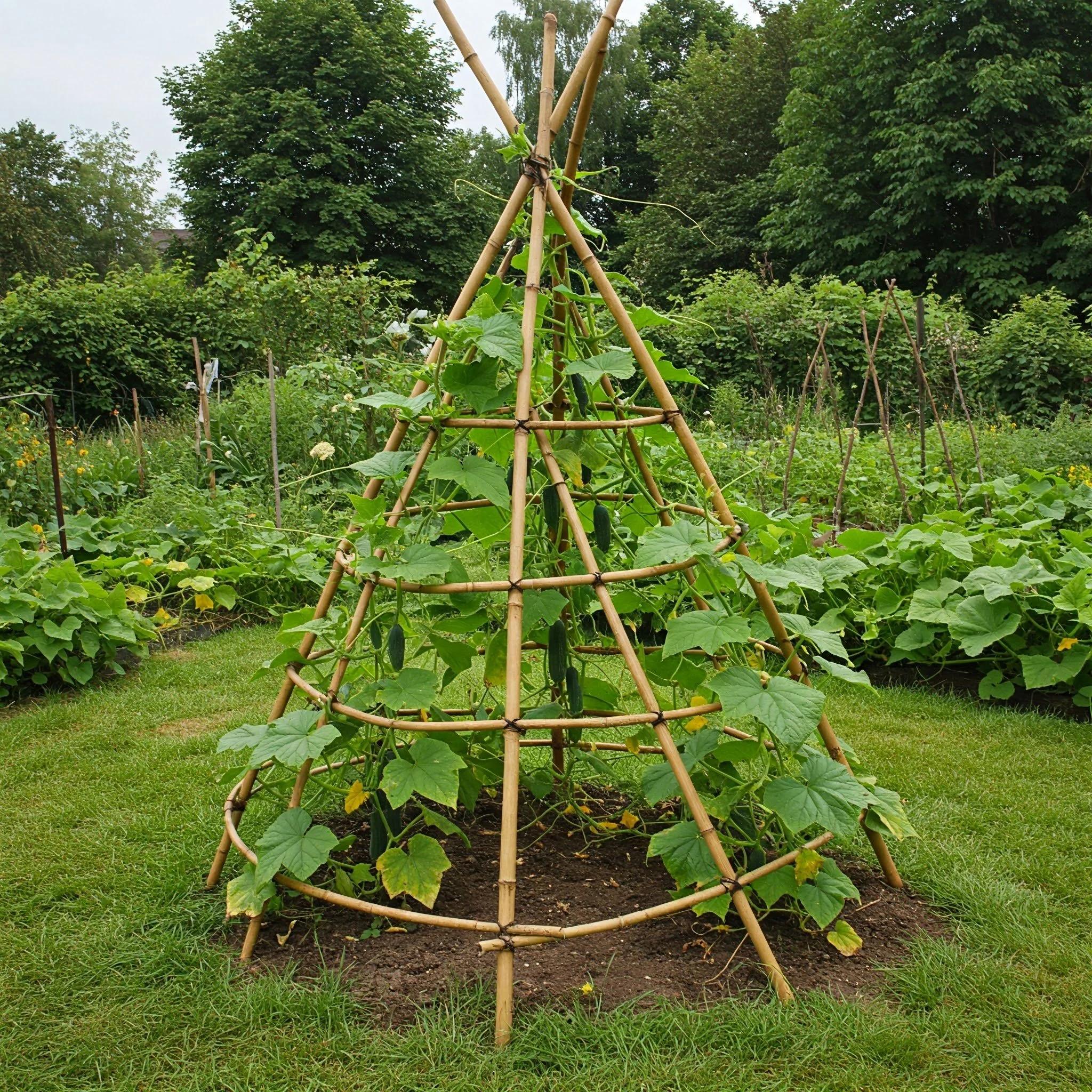 Bamboo teepee cucumber trellis growing cucumber vines vertically