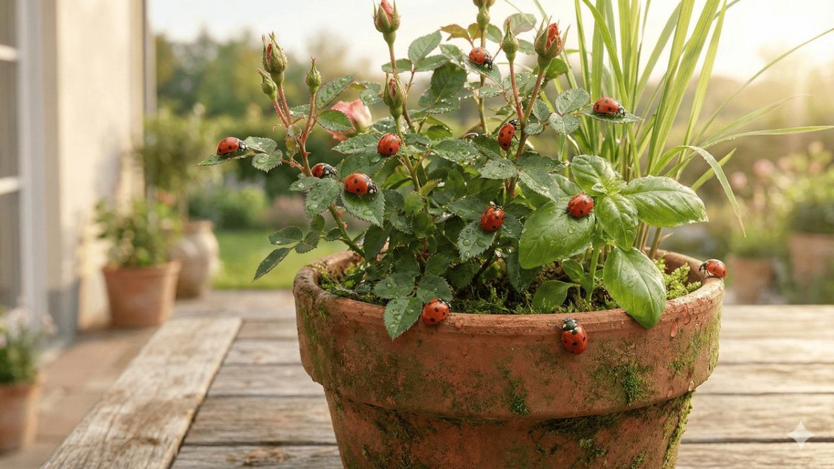 Ladybugs on container garden plants