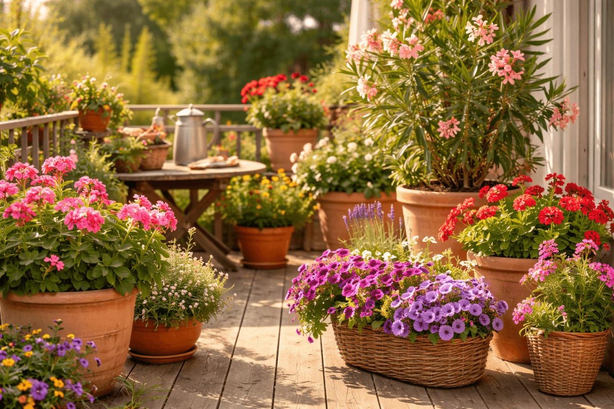 Bunte Oleander Hibiskus und Bougainvillea in dekorativen Terrassenkübeln