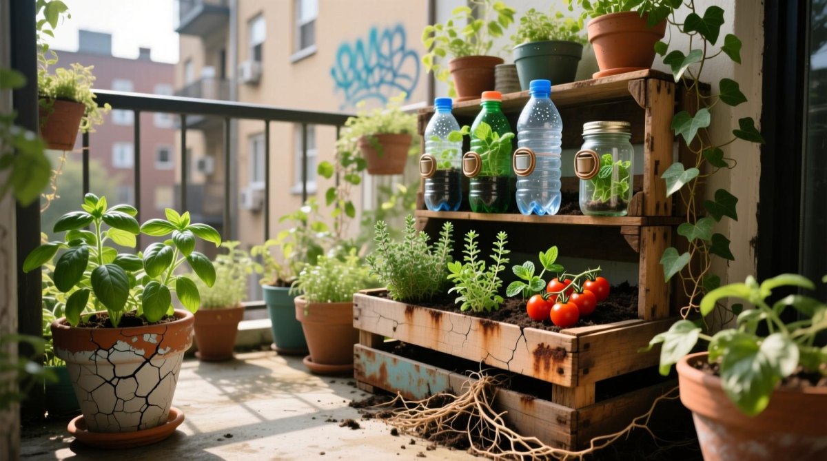 DIY vertical balcony garden with recycled containers, herbs, and compact vegetable plants