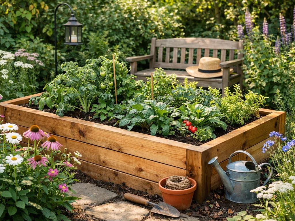 Rustic cedar raised bed with lush culinary herbs and natural timber