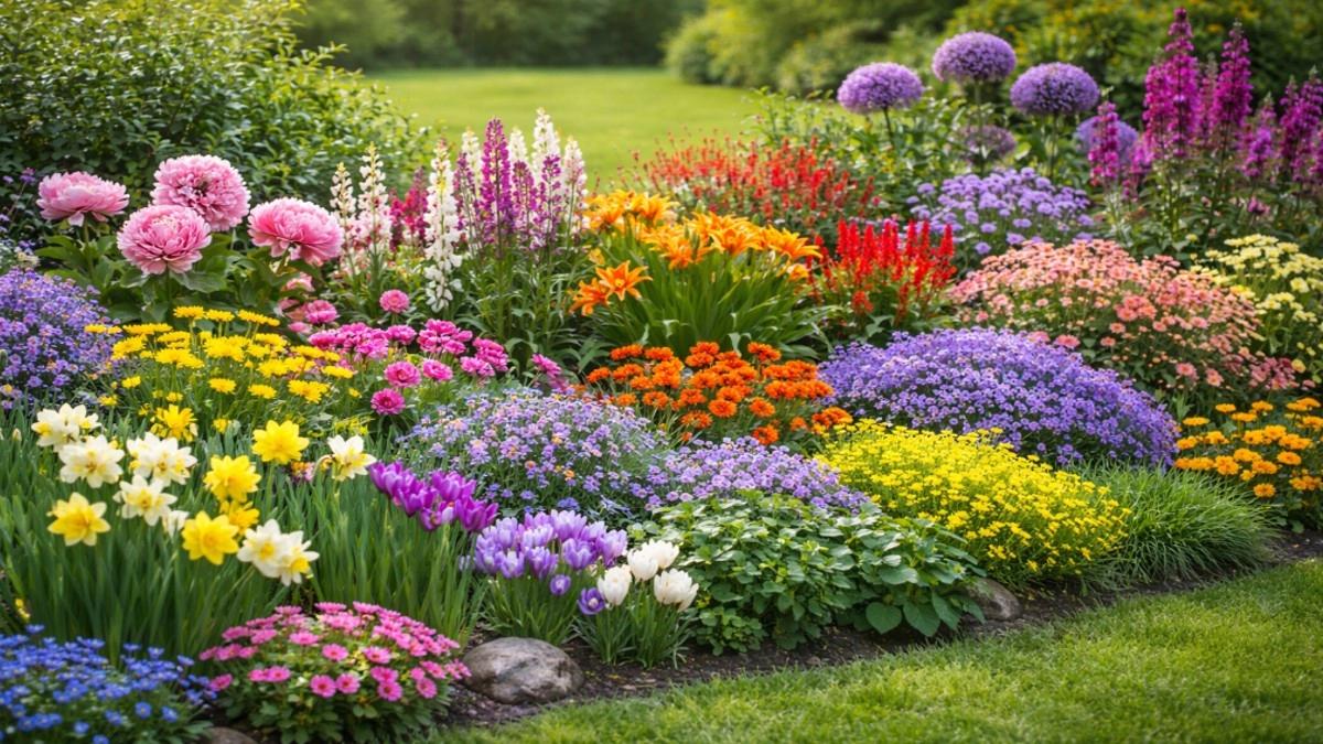 Mature year round flower garden landscape