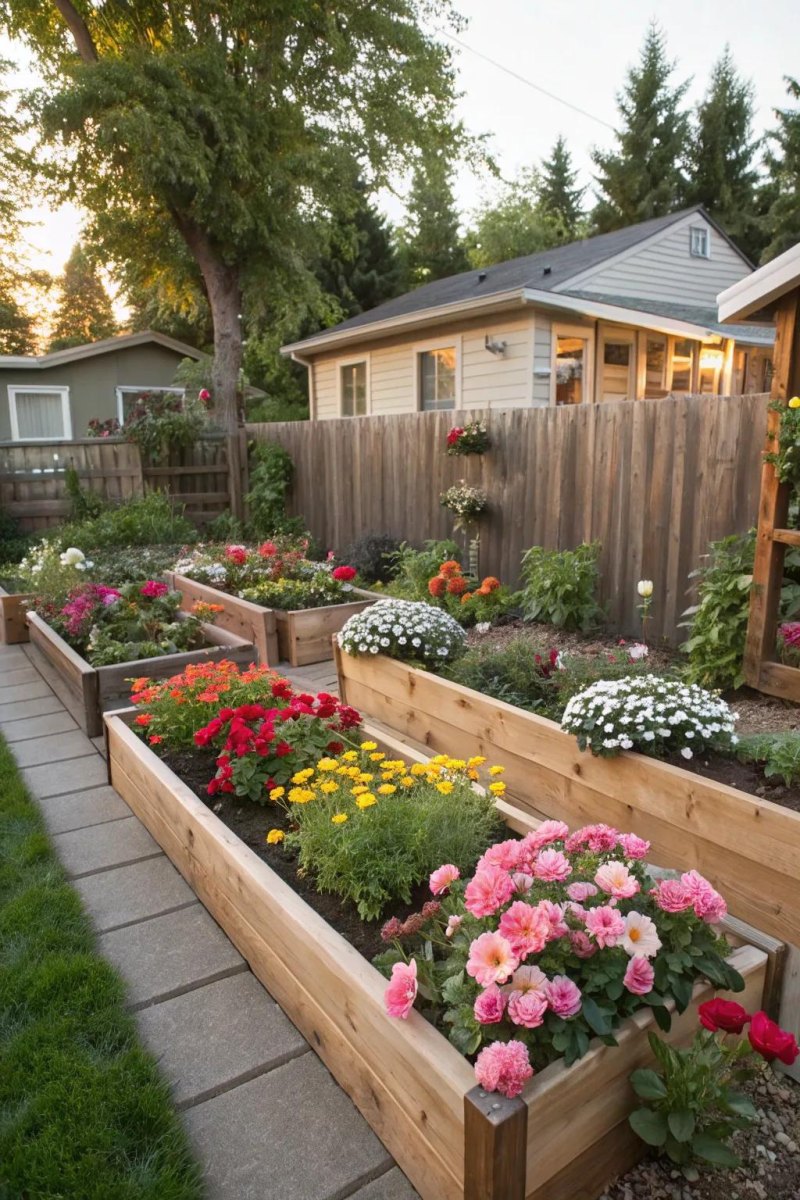 Raised beds with backyard flowers