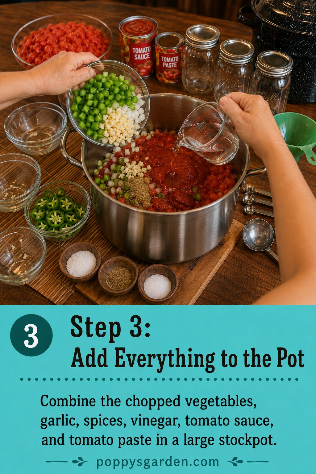 Adding chopped vegetables and tomato sauce to a stockpot to start canned jalapeno salsa