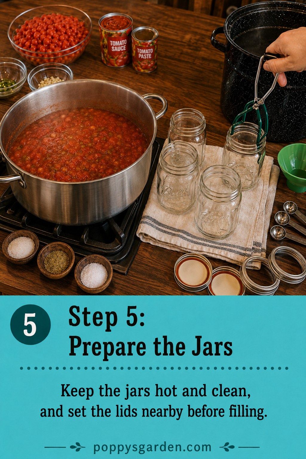 Hot, clean pint jars and lids lined up ready to be filled with canned jalapeno salsa