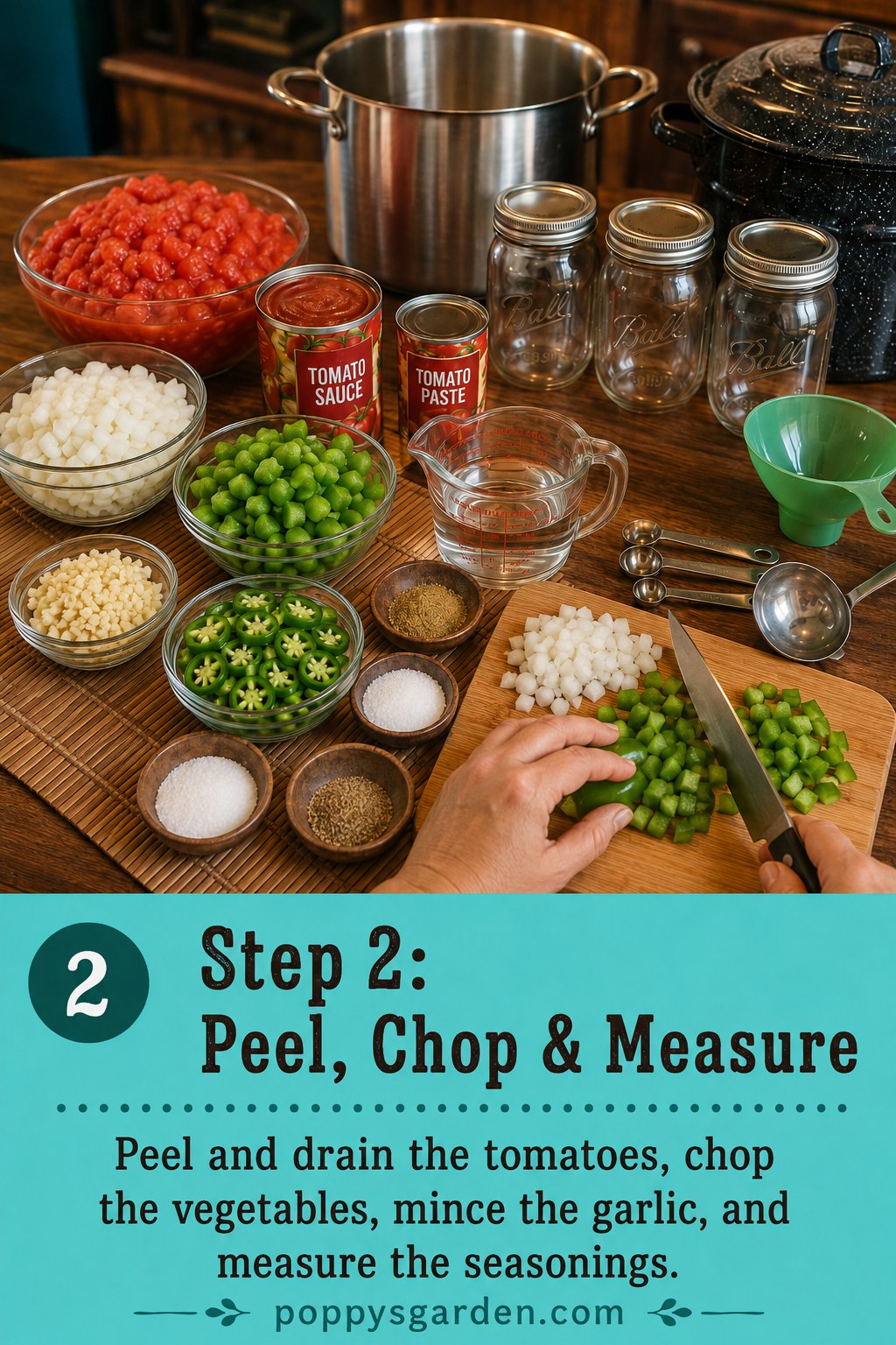 Chopping jalapenos and onions on a wooden board while prepping canned jalapeno salsa