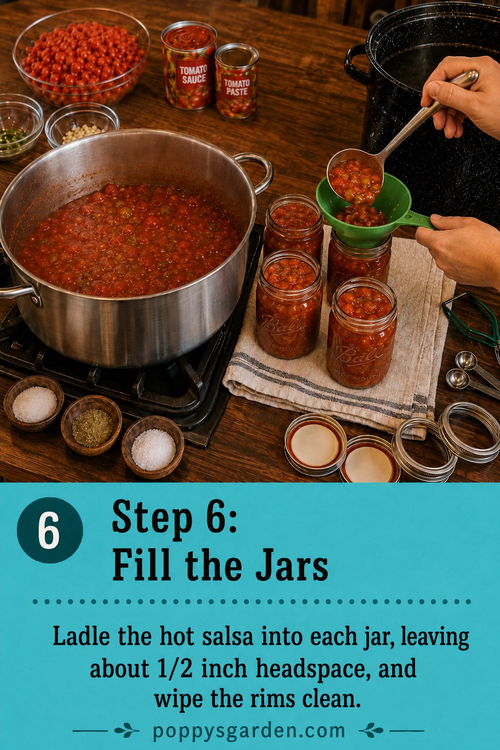 Ladling hot canned jalapeno salsa into pint jars using a green canning funnel