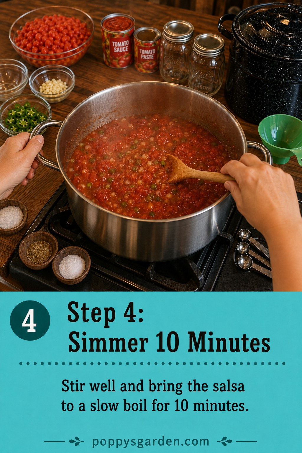 Stirring canned jalapeno salsa as it simmers to a slow boil in a stainless stockpot