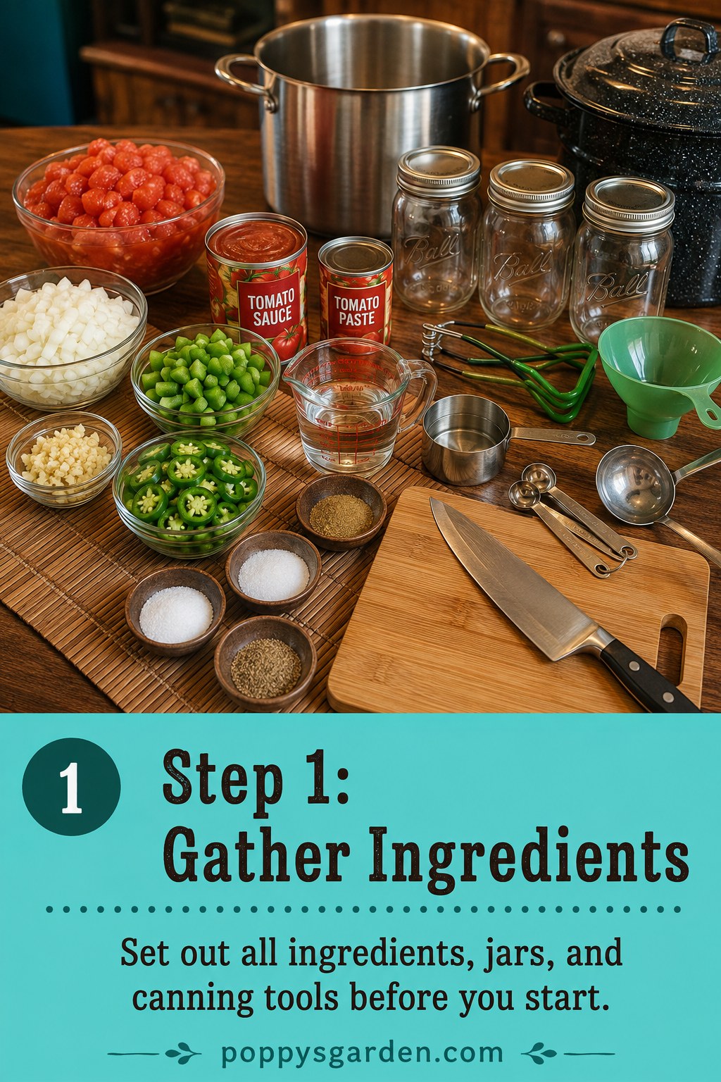 Raw ingredients and canning jars laid out on a table before making canned jalapeno salsa