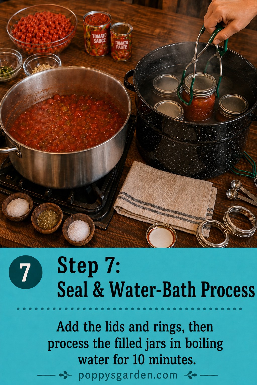 Lowering sealed jars of canned jalapeno salsa into a boiling water bath canner