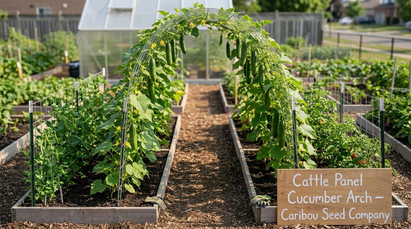 Cattle panel arch cucumber trellis covered with productive cucumber plants
