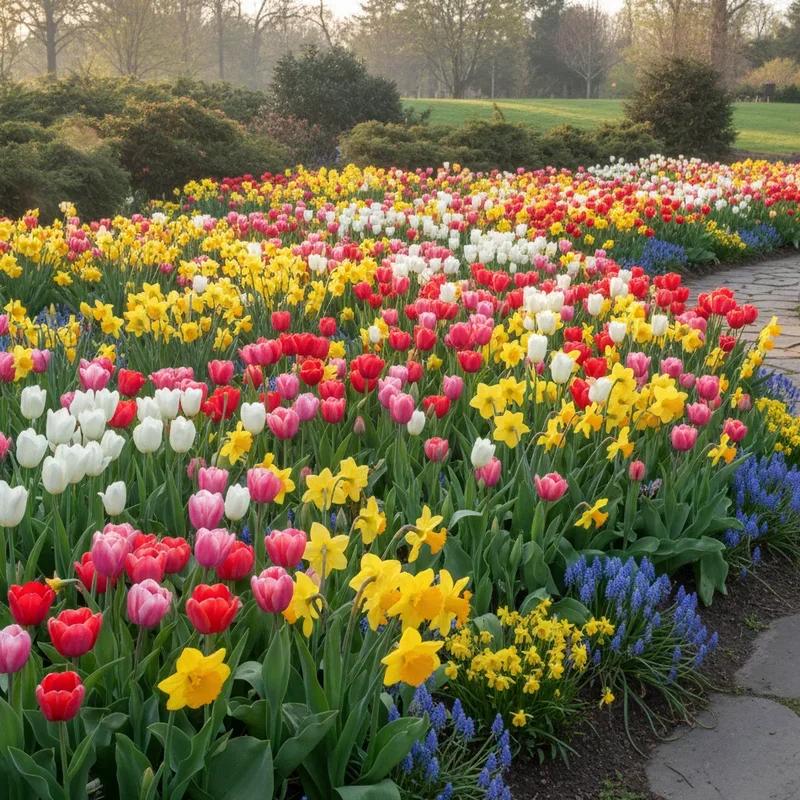 Spring tulips and daffodils flower bed
