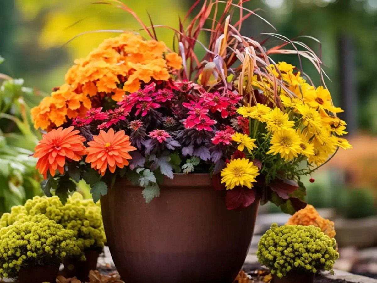 Colorful fall flowers in outdoor pots