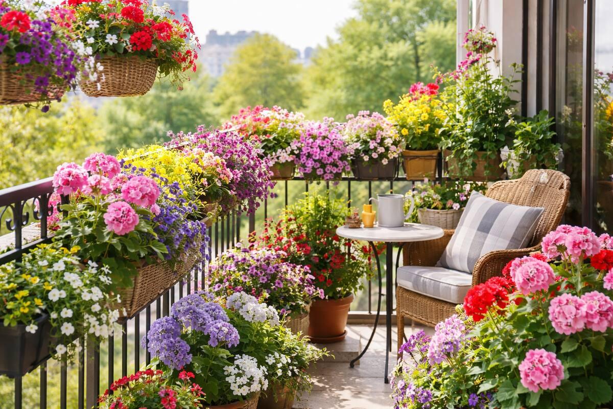 Lush balcony garden with abundant flowering plants, wooden planters, and white lounge seating