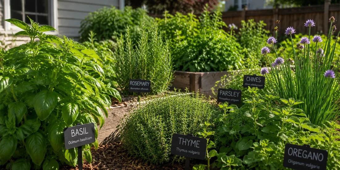 Kitchen herb raised bed planted with basil parsley chives oregano and thyme