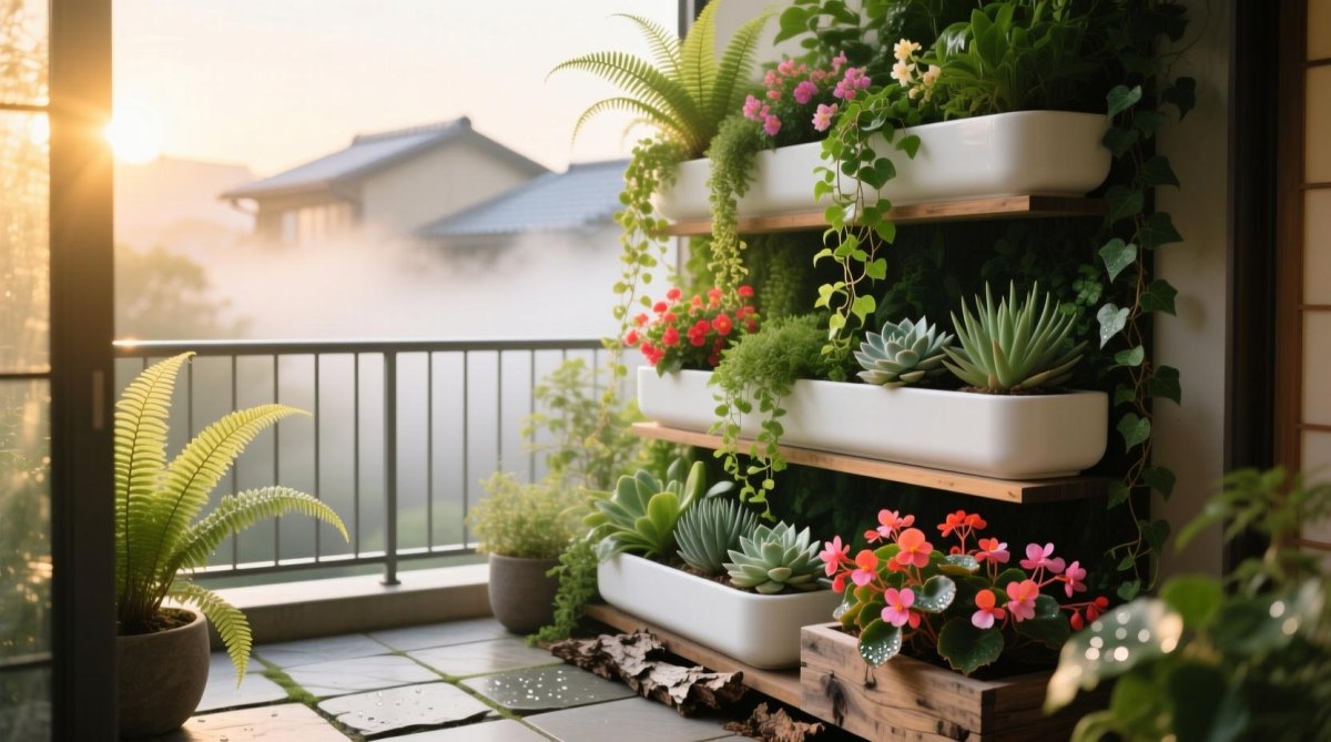 Zen balcony garden with white pebbles, timber decking, sculptural rocks, and bamboo