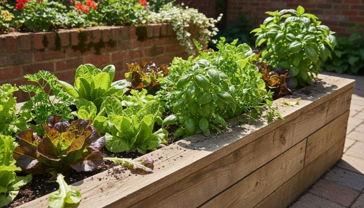 Compact wooden raised bed planted with lettuce and vegetables
