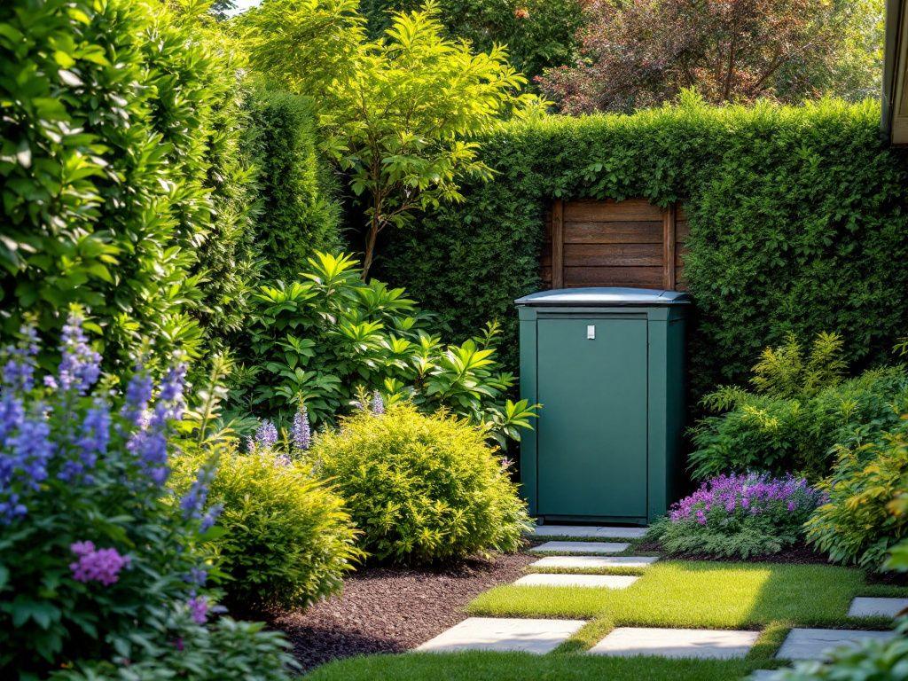 Compost bin hidden by plants