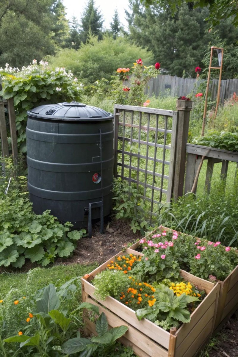 Compost bin beside rain barrel