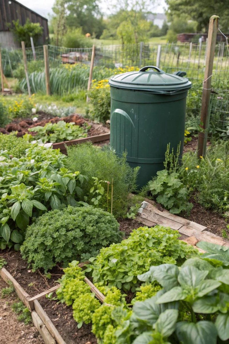 Compost bin beside vegetable garden
