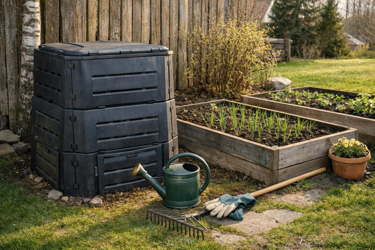 Compost bin on level garden ground