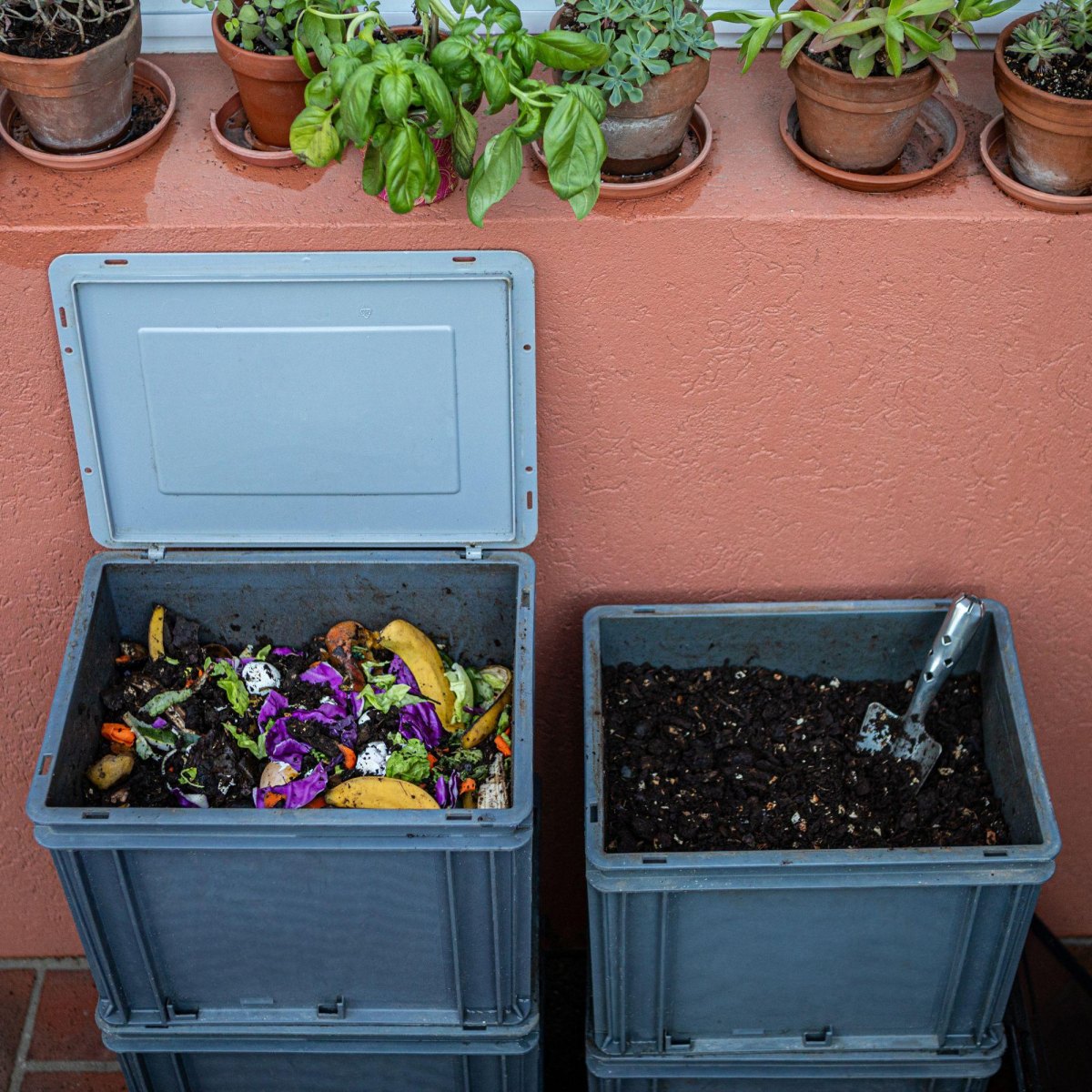 Container compost bin on patio