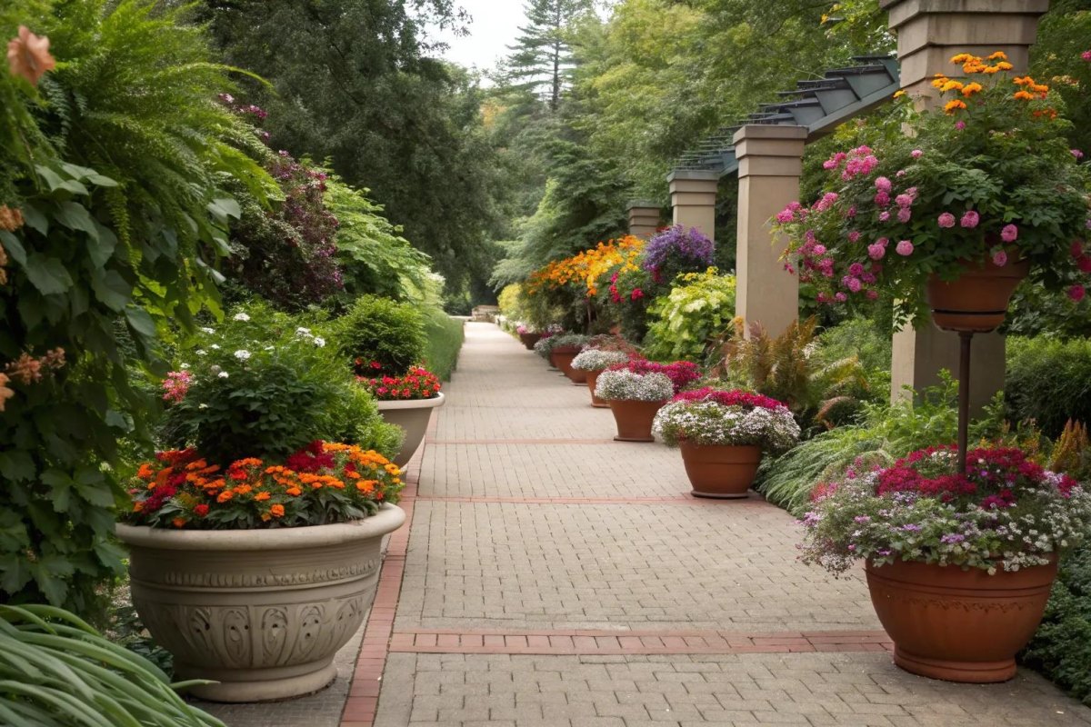 Containers lining a garden walkway