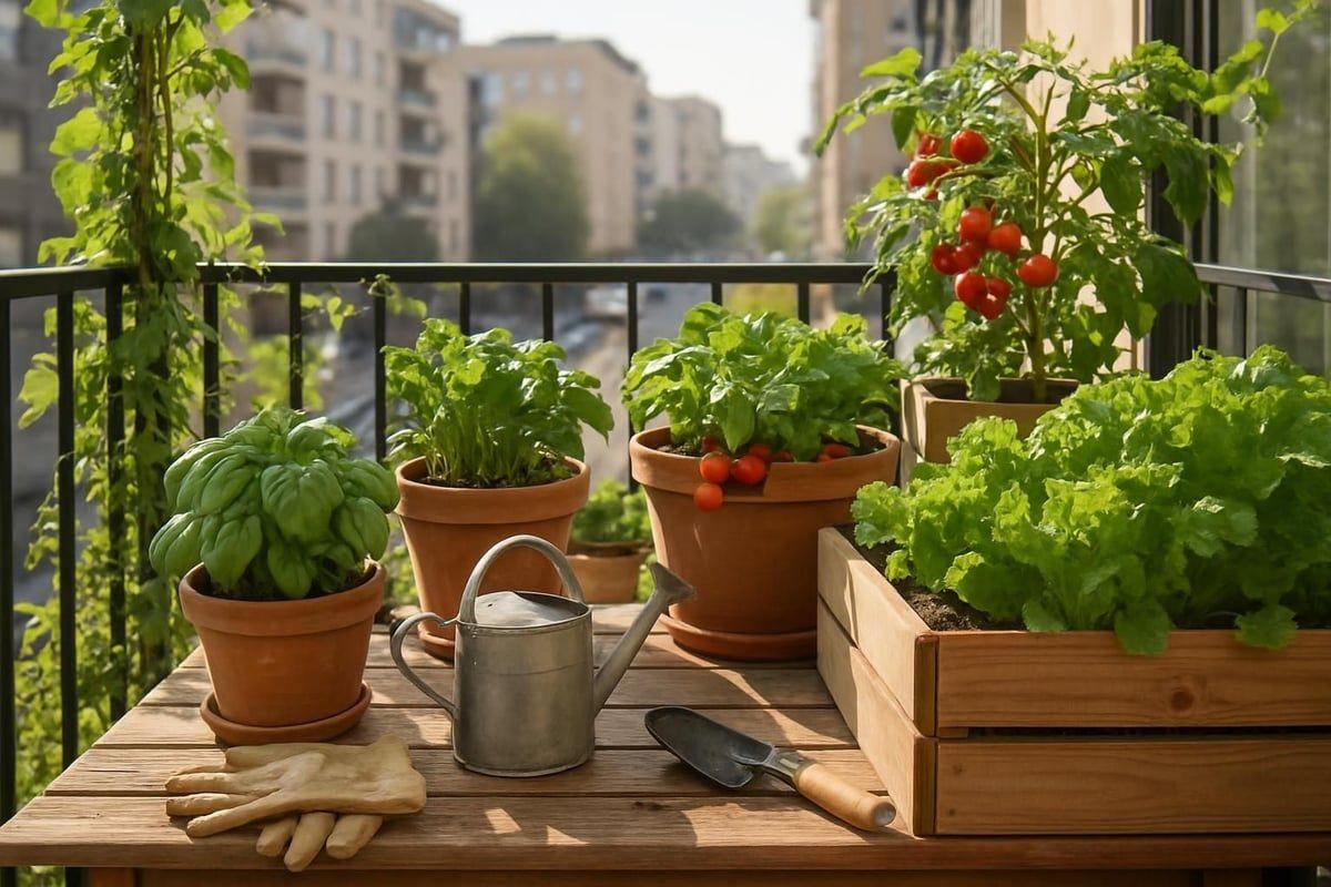 Terracotta and ceramic pots growing tomatoes and lettuce