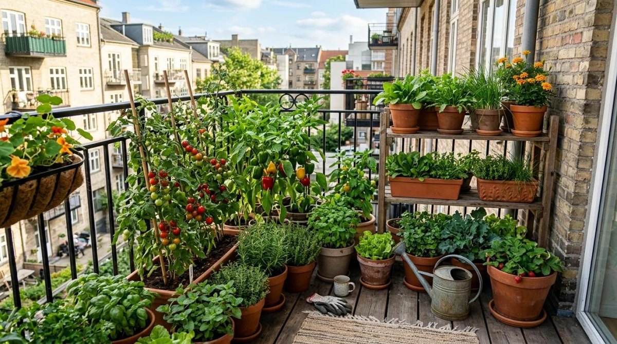 Terracotta containers filled with vegetables herbs and lush green plants
