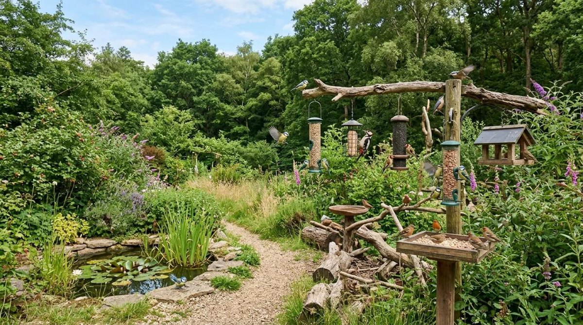 Bird visiting a diverse garden planted for wildlife