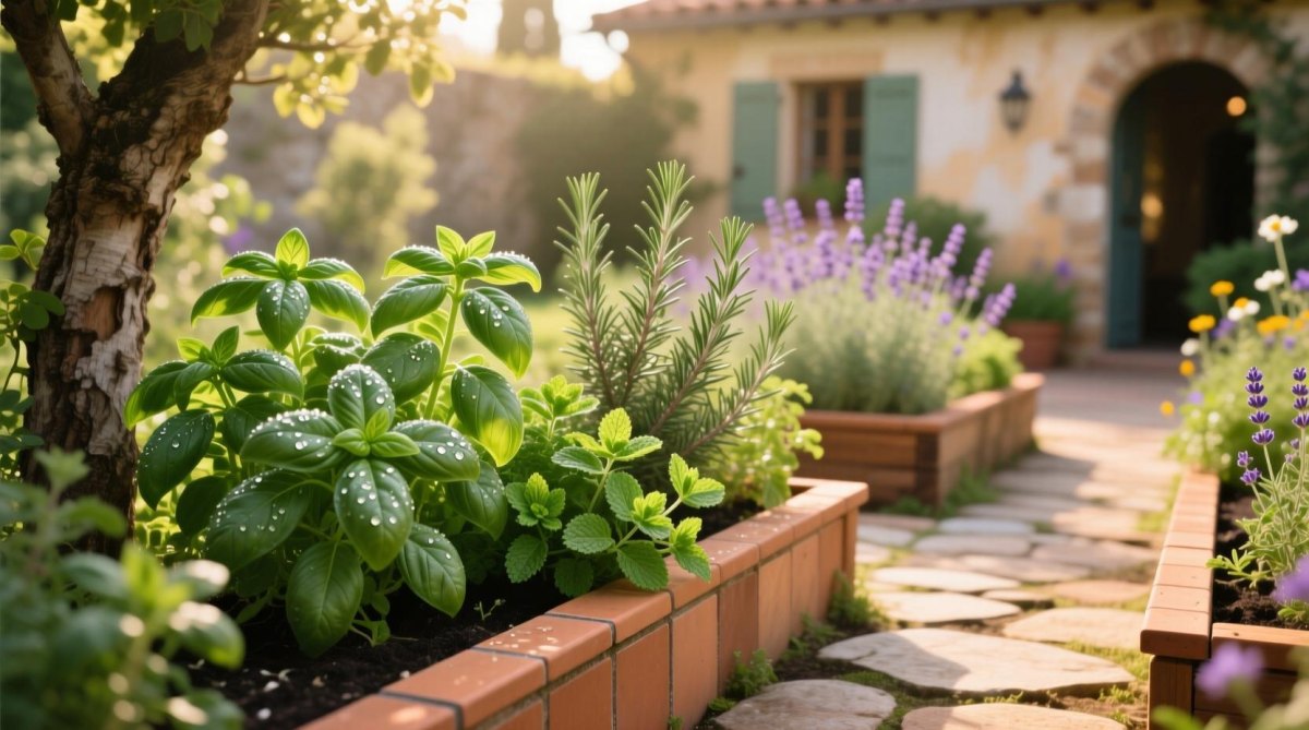 Mediterranean raised herb garden with rosemary thyme sage and terracotta pots