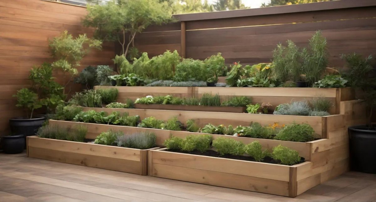 Multi-level wooden raised bed planted with several culinary herbs