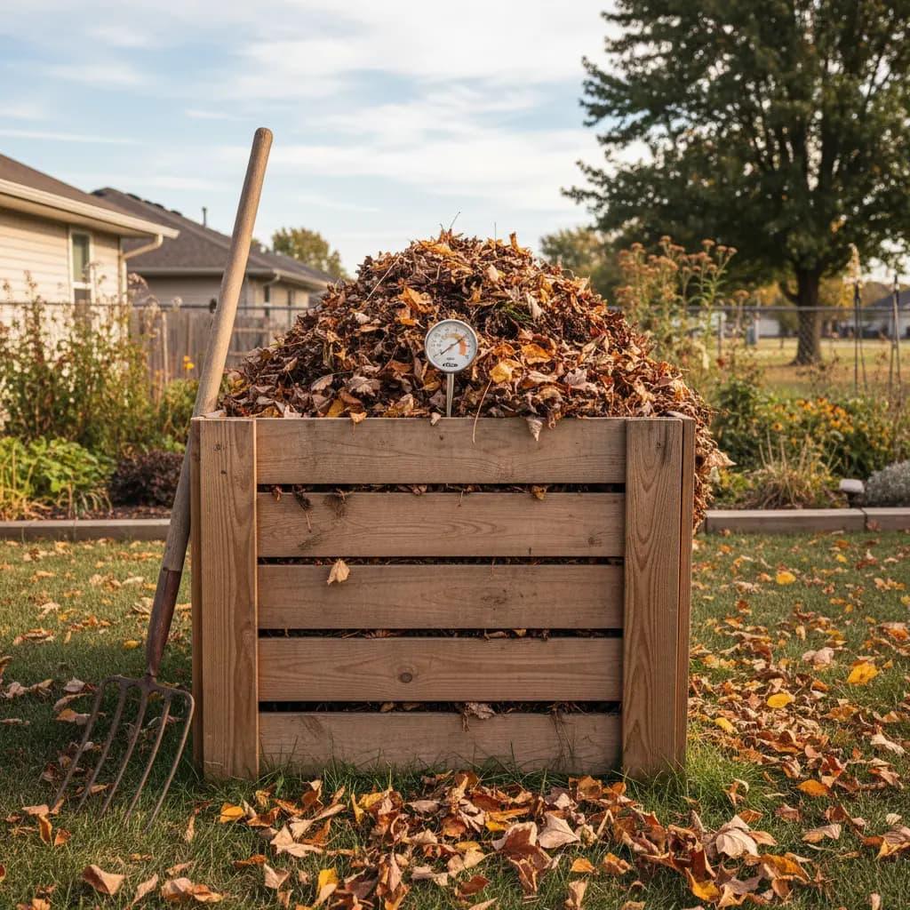 Leaf compost pile in autumn garden