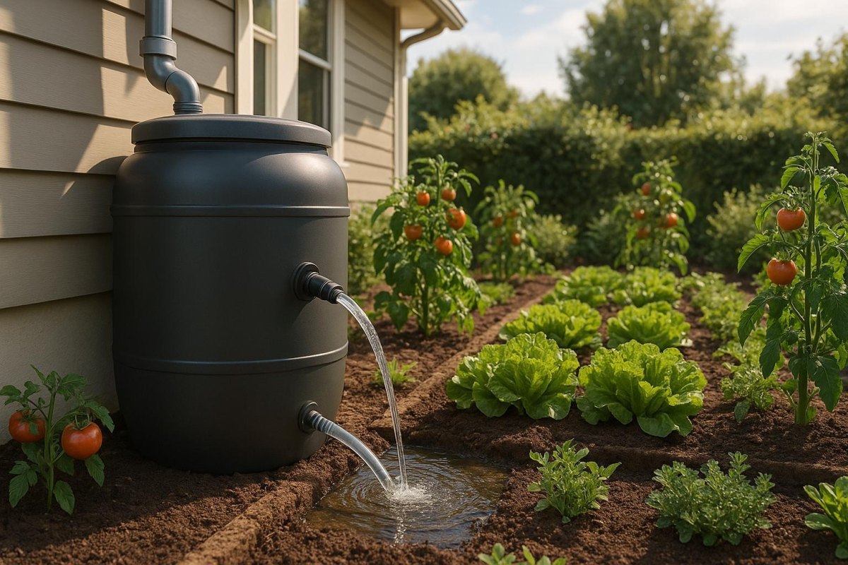 Rain barrels collecting garden water