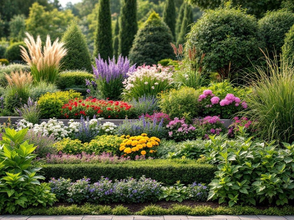 Layered flower bed with tall medium low plants
