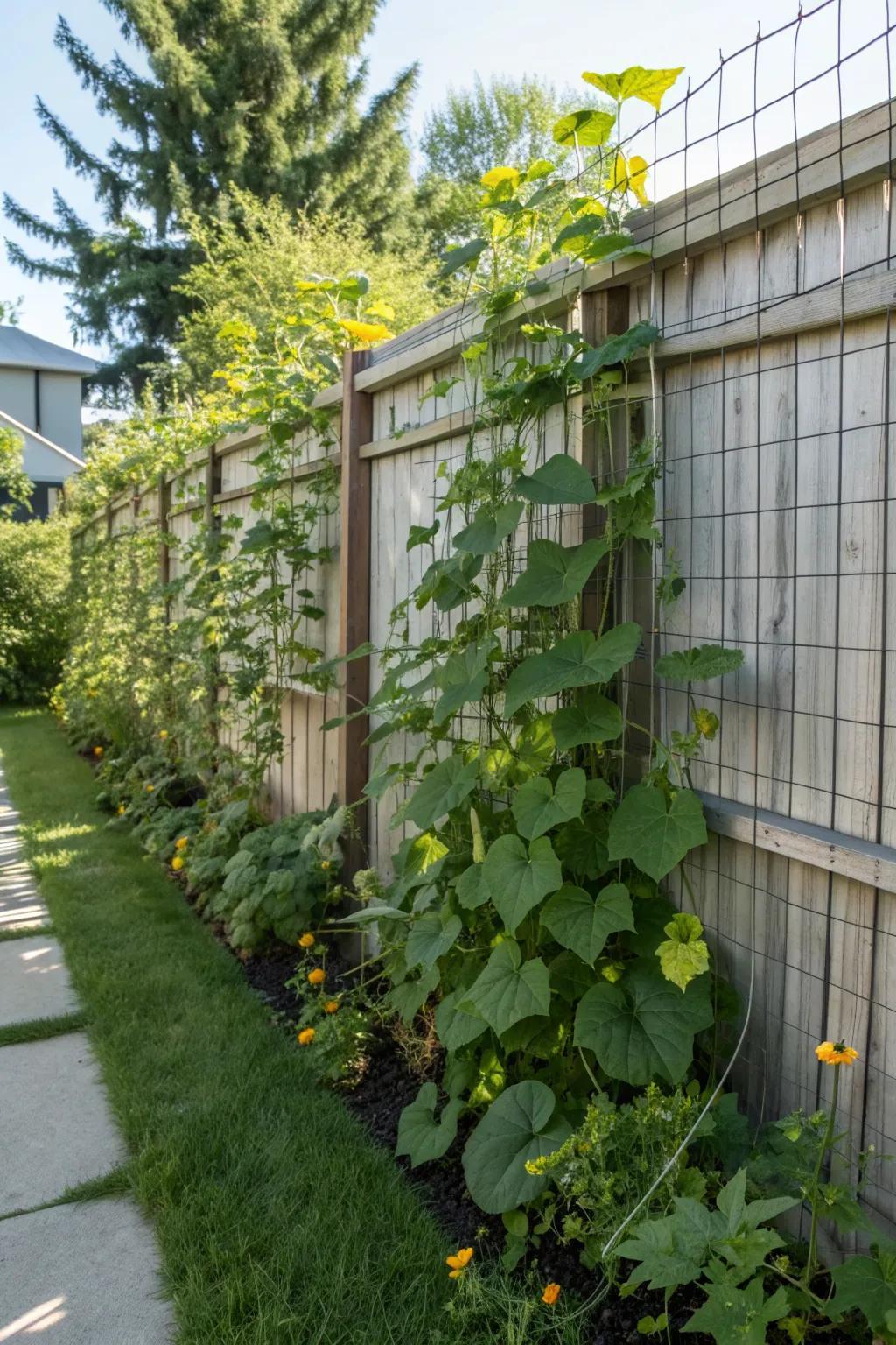 Garden fencing used as a cucumber trellis for climbing vines