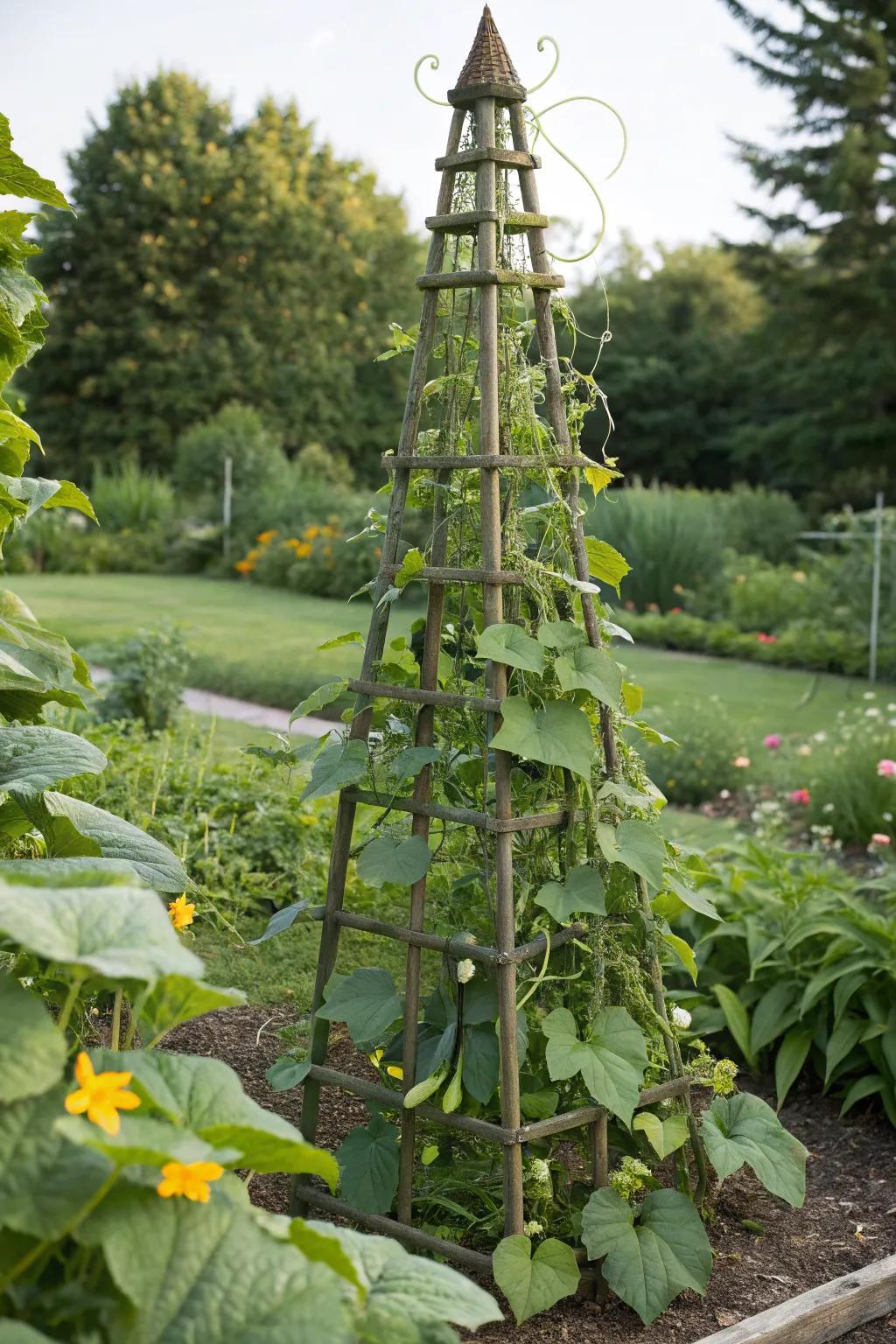 Decorative obelisk cucumber trellis supporting cucumber growth