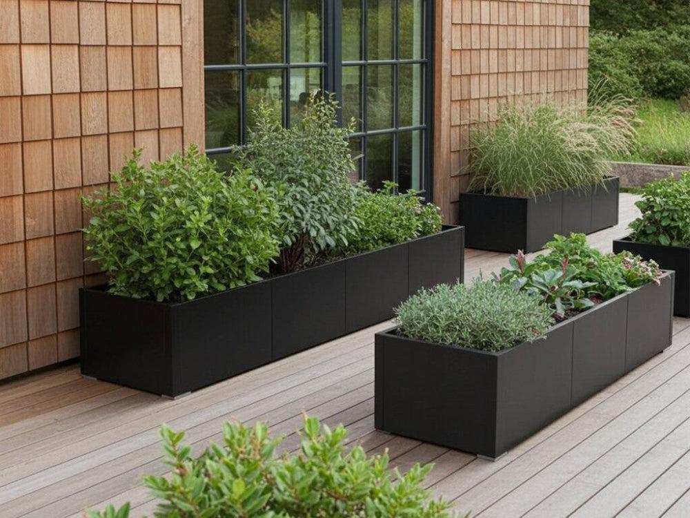 Minimalist raised herb garden with rectangular dark metal planters