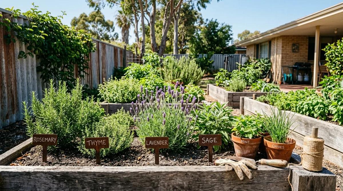 Seasonal raised herb garden with rosemary thyme sage and fresh annual herbs