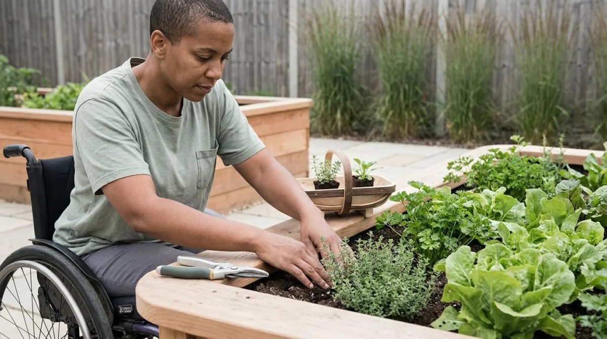 Waist-high accessible raised garden bed filled with fresh herbs