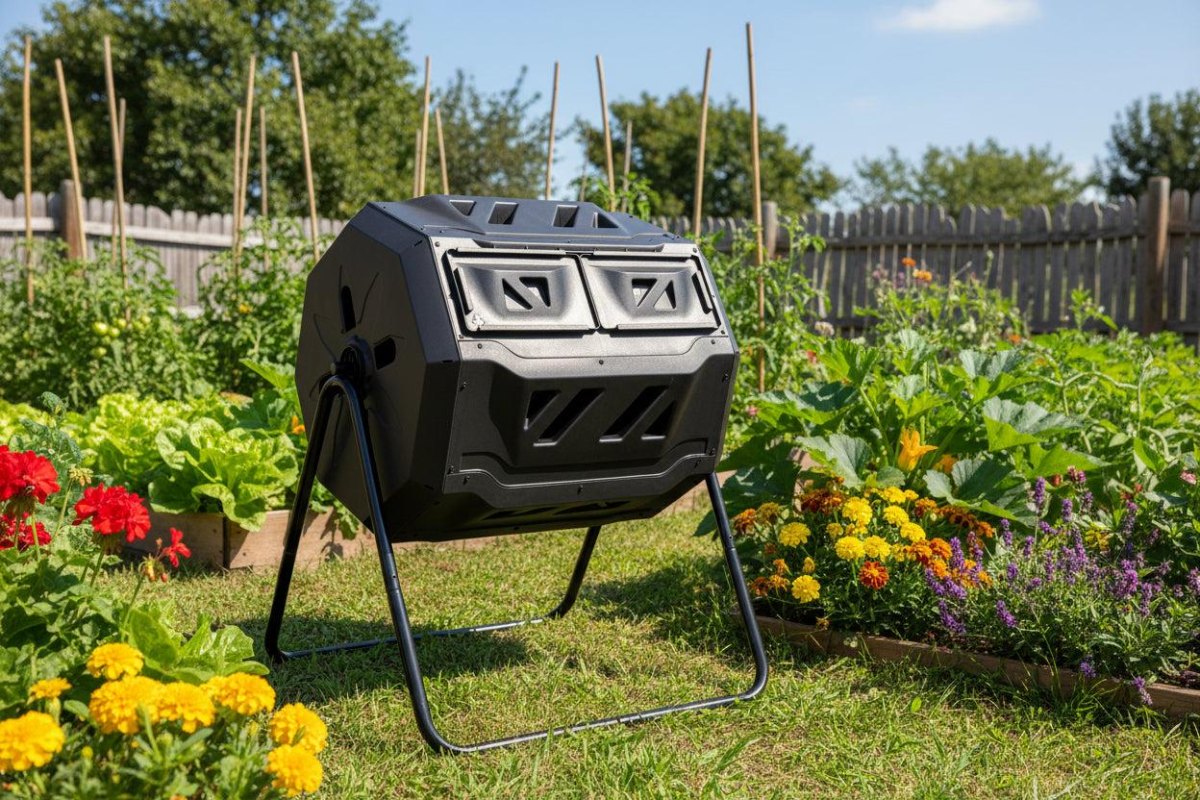 Compost tumbler beside raised garden beds